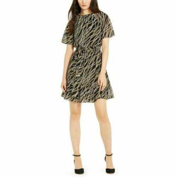 MICHAEL KORS NEW Women's Black/gold Chain-trim Belted Sheath Dress Petite Med PM - Picture 1 of 10